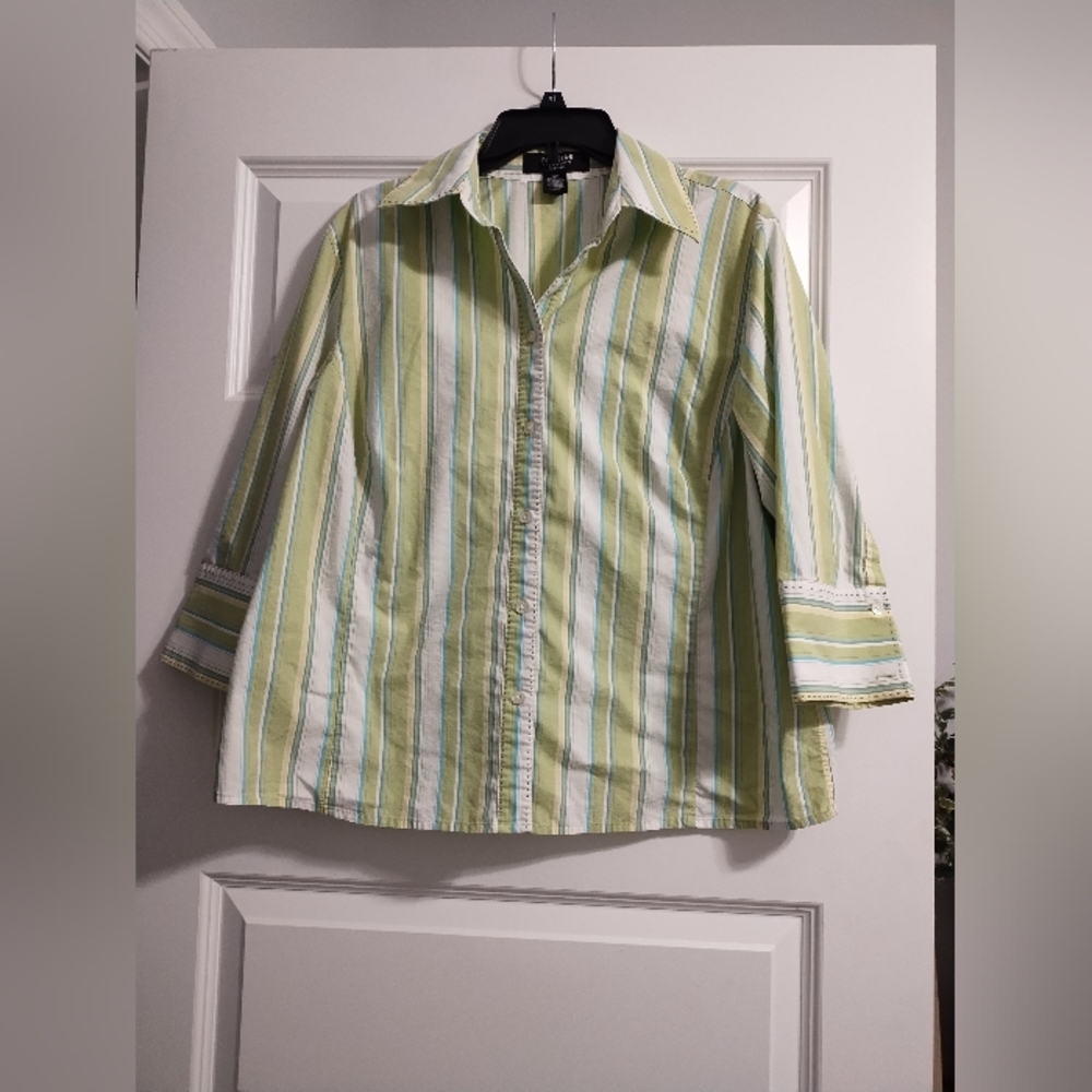 Striped Green and White Button-Up Shirt
